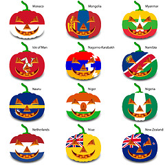 Image showing Set pumpkins for Halloween as a flags of the world. Vector illus