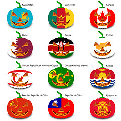 Image showing Set pumpkins for Halloween as a flags of the world. Vector illus