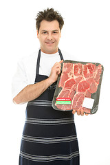 Image showing Butcher with tray of steak