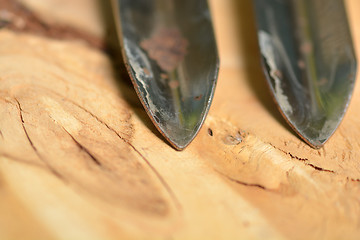 Image showing metal detail closeup on wood background