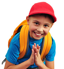 Image showing happy smiling boy with backpack isolated over white