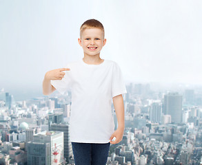 Image showing smiling little boy in white blank t-shirt