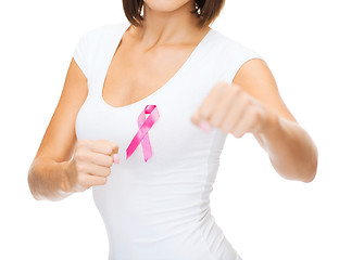 Image showing woman with pink cancer awareness ribbon