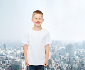 Image showing smiling little boy in white blank t-shirt