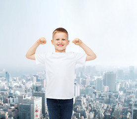 Image showing smiling little boy in white blank t-shirt