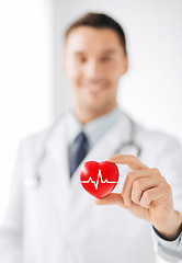 Image showing male doctor holding red heart with ecg line
