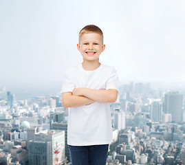 Image showing smiling little boy in white blank t-shirt