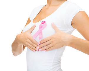 Image showing woman with pink cancer awareness ribbon