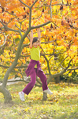 Image showing little girl smiling and hanging on a branch