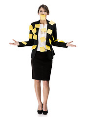 Image showing Business woman with yellow paper notes