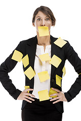 Image showing Business woman with yellow paper notes