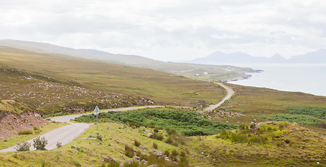 Image showing Highlands of Scotland narrow road in mountain landscape