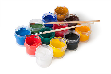 Image showing Jars With Gouache And Paint Brushes