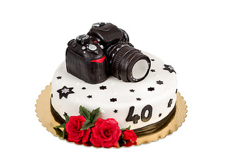 Image showing birthday cake for forty anniversary with modern DSLR photo camera