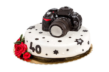 Image showing birthday cake for forty anniversary with modern DSLR photo camera