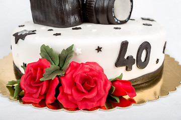 Image showing birthday cake for forty anniversary with modern DSLR photo camera