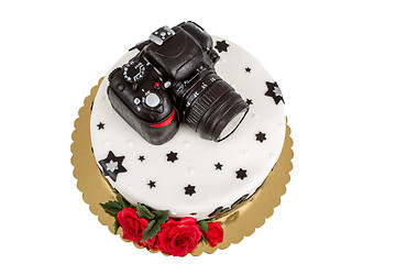 Image showing birthday cake for forty anniversary with modern DSLR photo camera