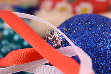 Image showing blue balls, christmas card, close up, macro