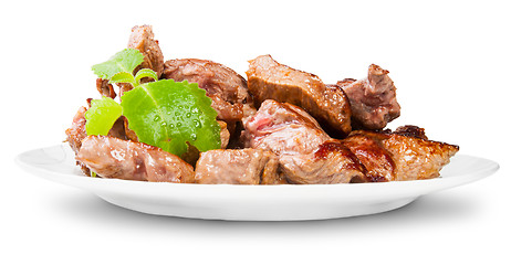 Image showing Grilled Meat On A White Plate Rotated Served With Mint Leaf