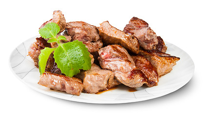 Image showing Grilled Meat On A White Plate Served With Mint Leaf