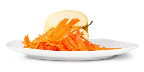 Image showing Half An Apple With Grated Carrot On White Plate