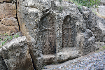 Image showing Traditional armenian carved crosses (hachkars) in the wall