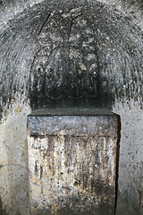 Image showing The altar part of the church with the carved cross in Geghard