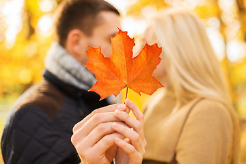 Image showing close up of couple kissing in autumn park