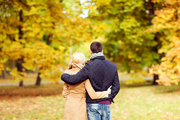 Image showing couple hugging in autumn park from back