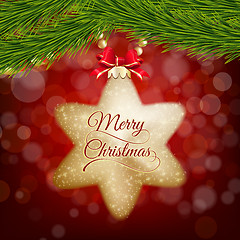 Image showing Christmas postcard with gold star on red bokeh.