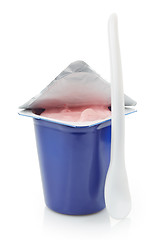 Image showing fresh pink berry yogurt in blue plastic pot