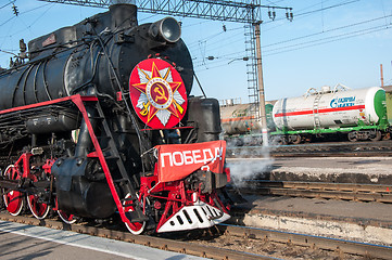 Image showing Vintage steam locomotive at the station of Orenburg