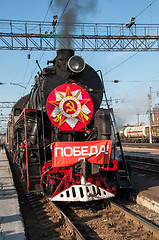 Image showing Vintage steam locomotive at the station of Orenburg