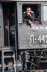 Image showing Vintage steam locomotive at the station of Orenburg