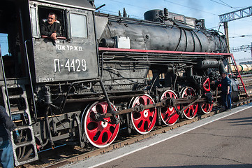 Image showing Vintage steam locomotive at the station of Orenburg