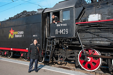 Image showing Vintage steam locomotive at the station of Orenburg