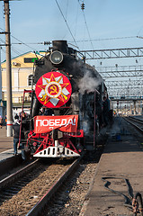 Image showing Vintage steam locomotive at the station of Orenburg