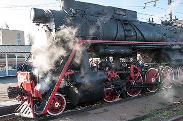 Image showing Vintage steam locomotive at the station of Orenburg