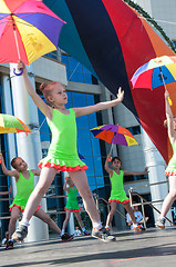 Image showing The girls performed a dance with umbrellas