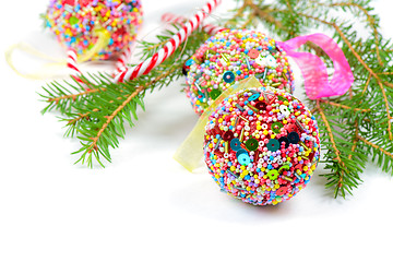 Image showing Spruce with Christmas balls and candy canes
