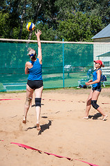 Image showing Beach volleyball play girls