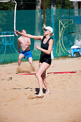 Image showing Beach volleyball play girls,