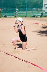 Image showing Beach volleyball play girls,