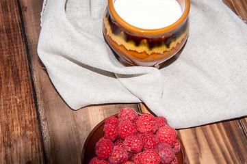 Image showing Ripe raspberry and milk jug 