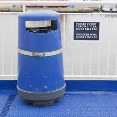Image showing Blue bin on deck of cruise liner
