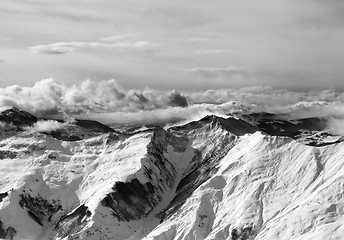 Image showing Black and white winter mountains in mist