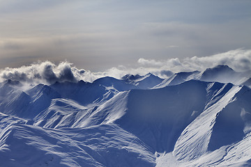 Image showing Snowy mountains at winter evening