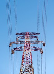 Image showing Large transmission towers at sunset