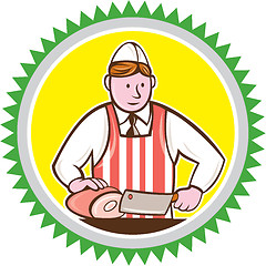 Image showing Butcher Chopping Ham Rosette Cartoon