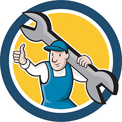 Image showing Mechanic Thumbs Up Spanner Circle Cartoon